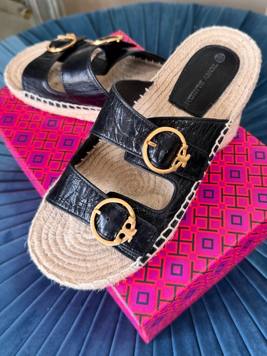 Tory Burch Shoes - Tory Burch Black Leather, Shelby Two-Band Espadrille Slide Sandals